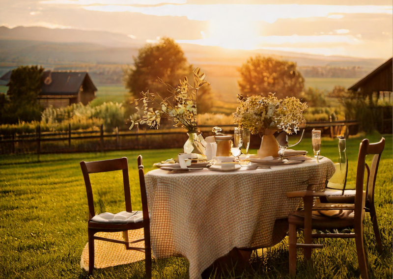 Table dans les vignes au coucher du soleil  Dîner en famille au cœur des vignes – Séjour œnotouristique à proximité de l’Hôtel ATENA Créon.